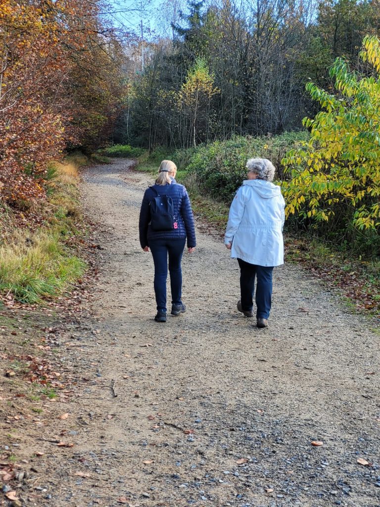 zwei Frauen sind von hinten auf einem Waldweg zu sehen
